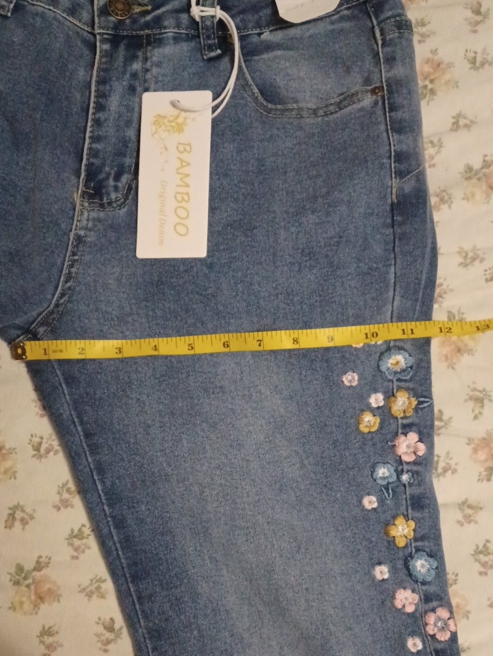 Bamboo Women’s Blue Embroidered Flare Jeans With Floral Side Details Size 13 - Picture 10 of 14
